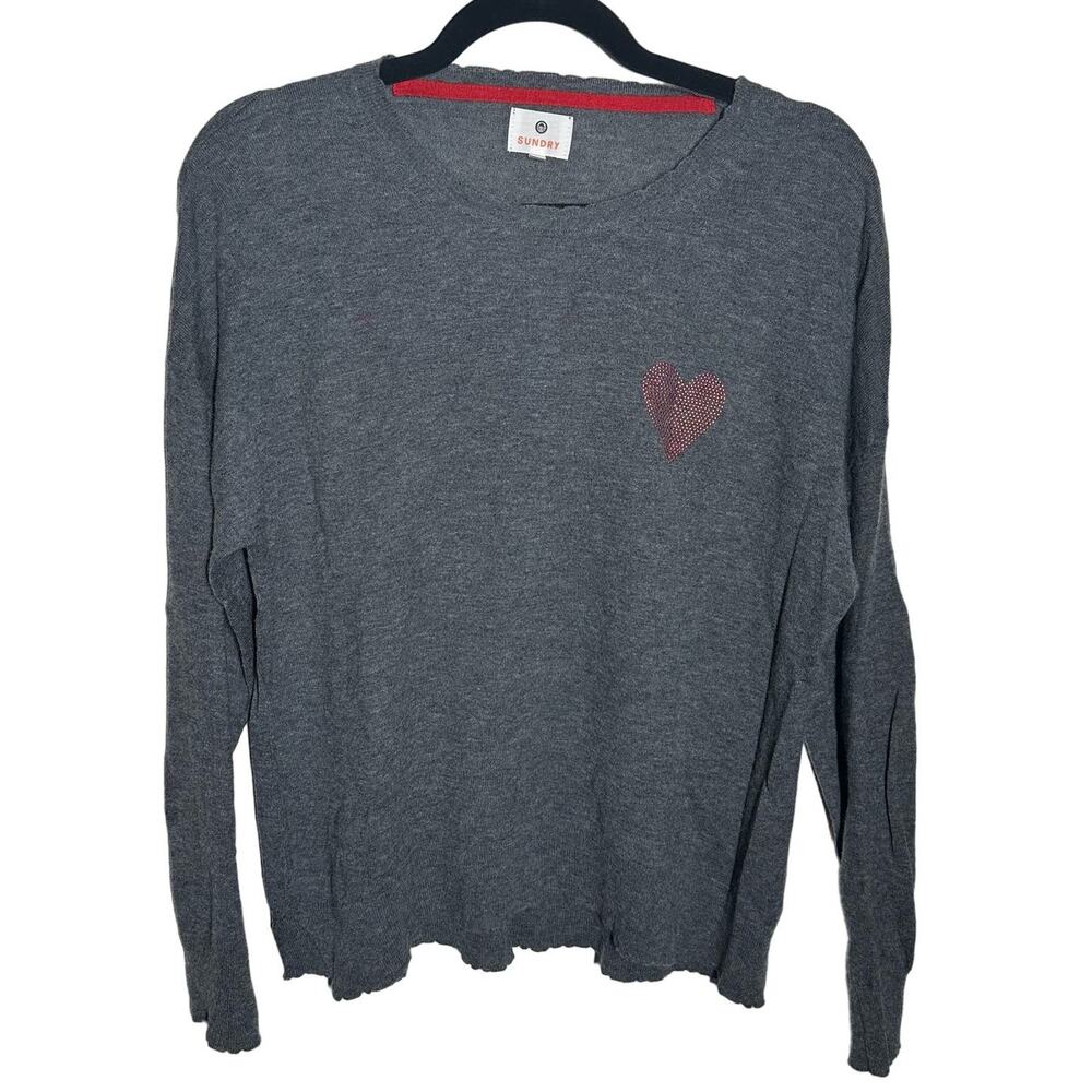 Sundry Gray Wool Cashmere Sweater Red Studded Heart Size Small Valentine's Day